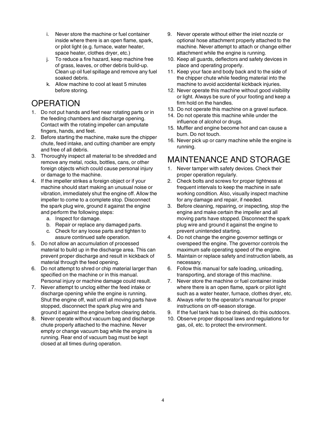 Bolens No. 247.770550 operating instructions Operation, Maintenance and Storage 