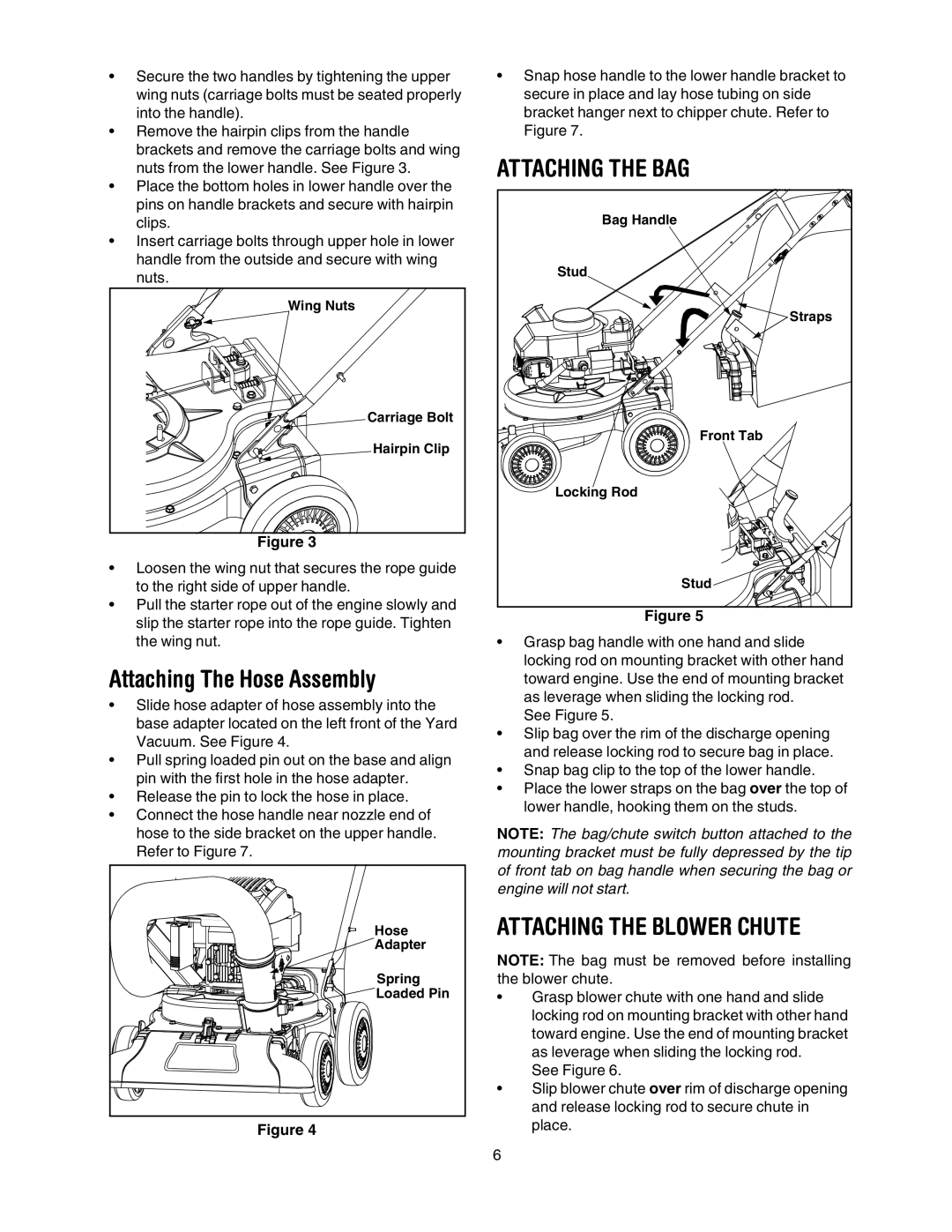 Bolens No. 247.770550 operating instructions Attaching The Hose Assembly, Attaching the BAG, Attaching the Blower Chute 