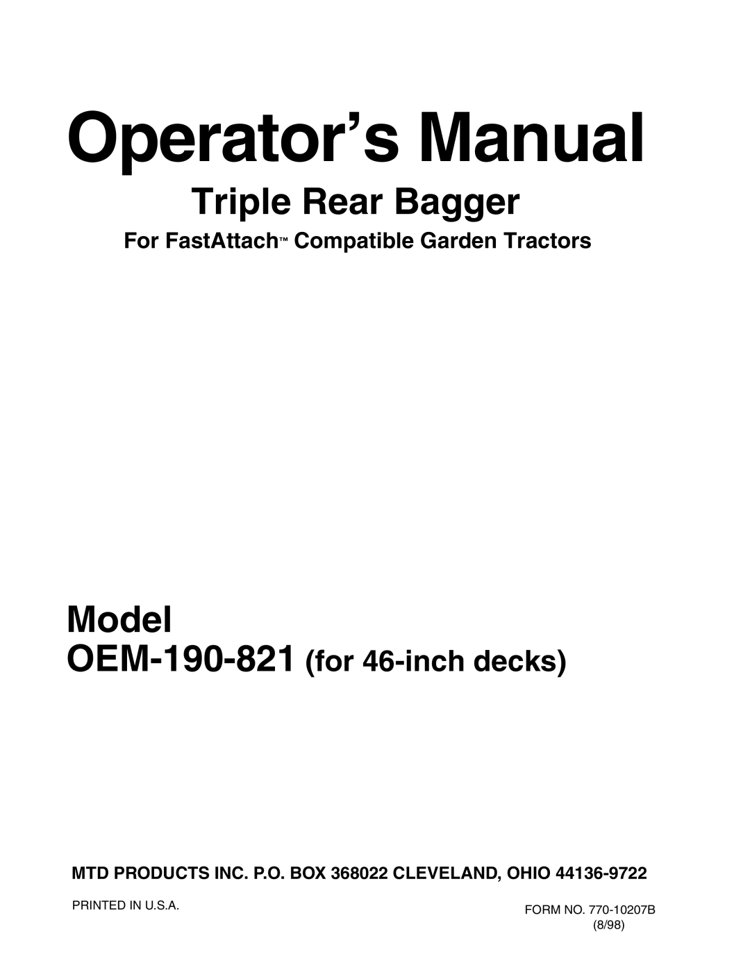 Bolens OEM-190-821 manual Operator’s Manual, MTD Products INC. P.O. BOX 368022 CLEVELAND, Ohio 