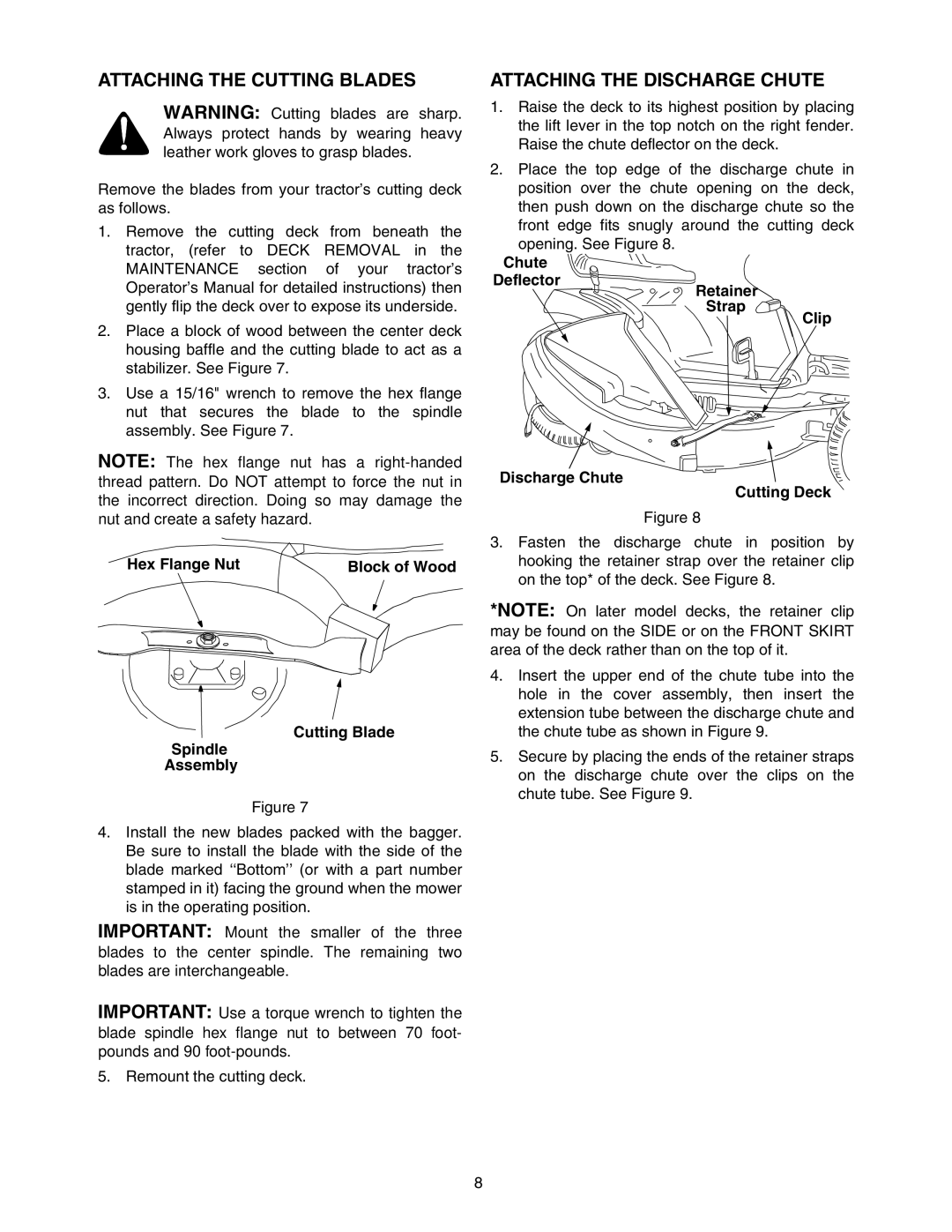 Bolens OEM-190-821 manual Attaching the Cutting Blades, Attaching the Discharge Chute 