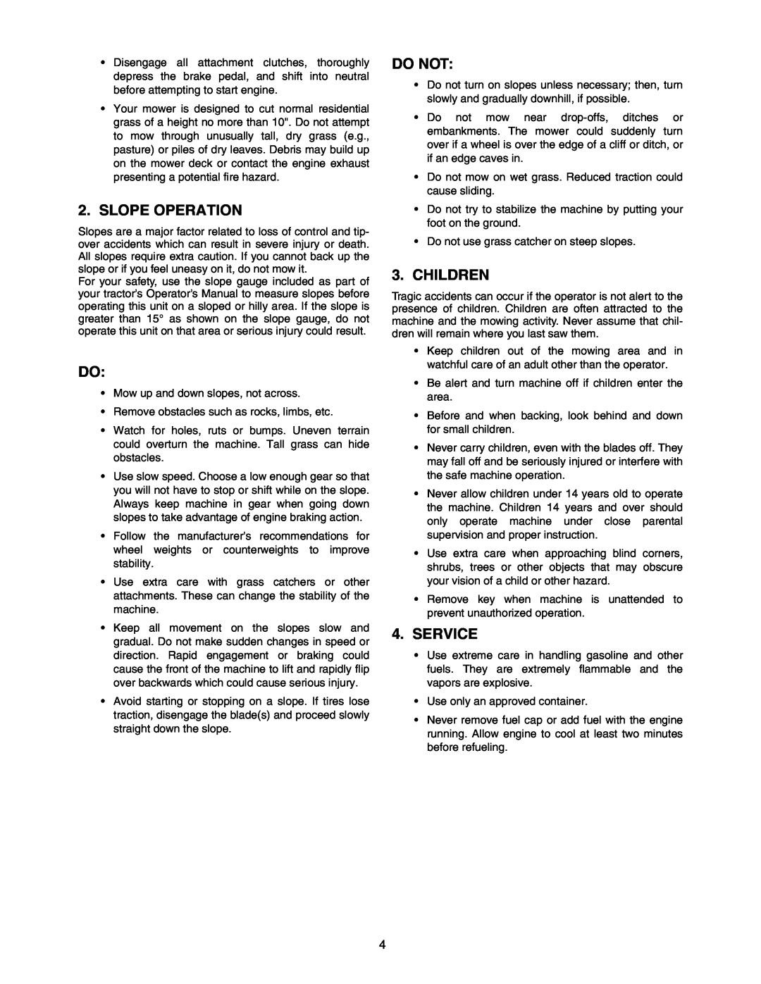 Bolens OEM-190-821 manual Slope Operation, Do Not, Children, Service 