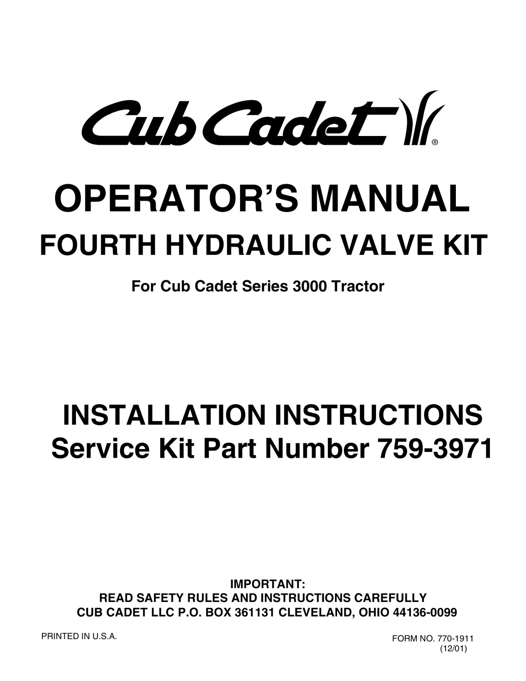 Bolens Series 3000 installation instructions OPERATOR’S Manual 