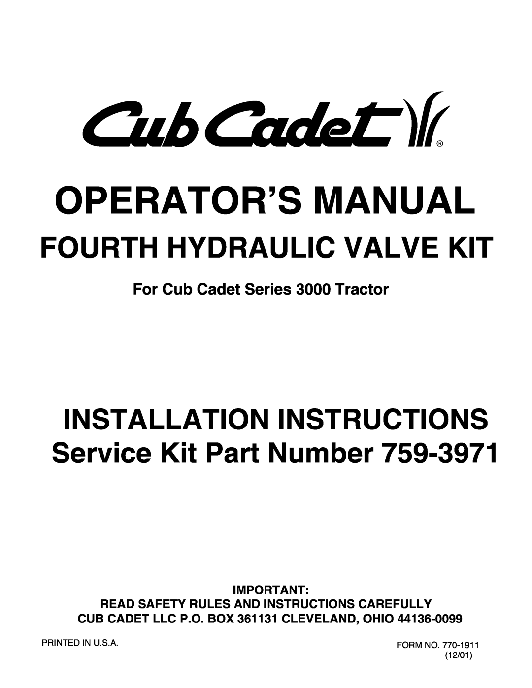 Bolens Series 3000 installation instructions Operator’S Manual, Fourth Hydraulic Valve Kit 