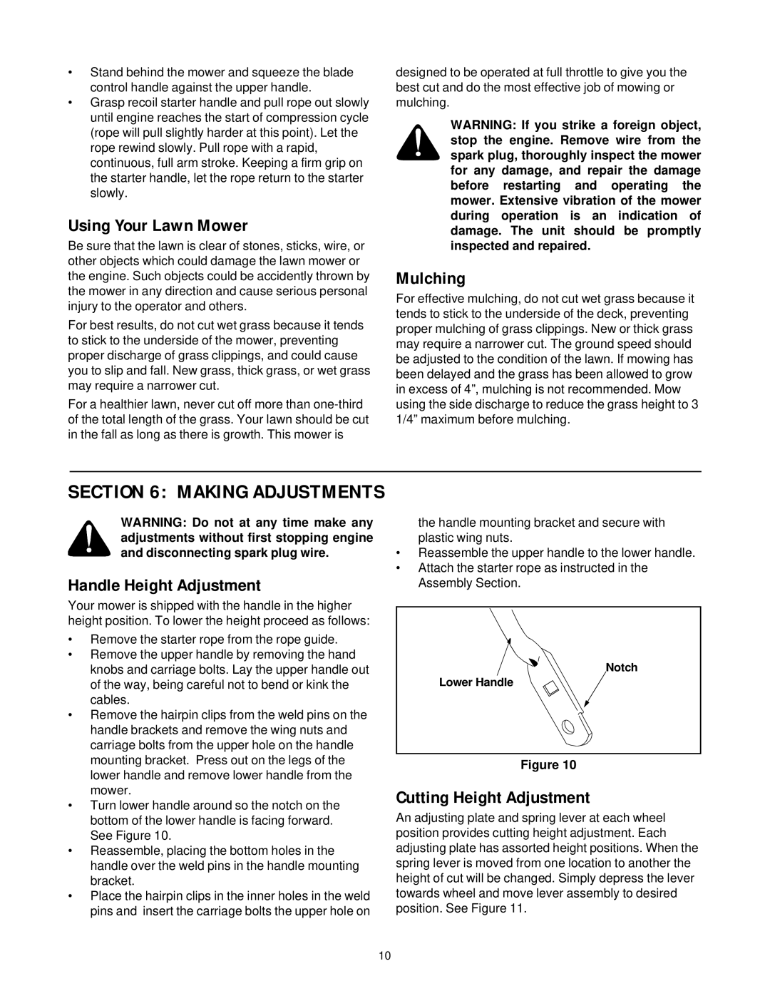 Bolens Series 540 manual Using Your Lawn Mower, Mulching, Handle Height Adjustment, Cutting Height Adjustment 