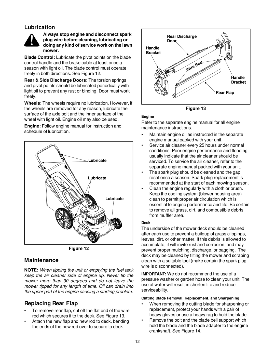 Bolens Series 540 manual Lubrication, Maintenance Replacing Rear Flap, Engine, Deck 