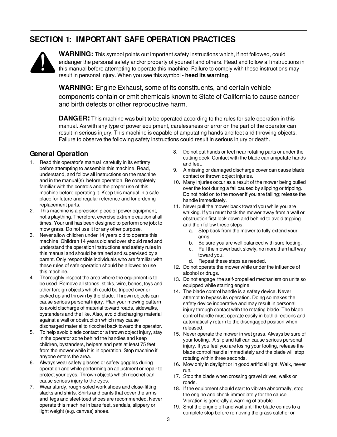 Bolens Series 540 manual Important Safe Operation Practices, General Operation 