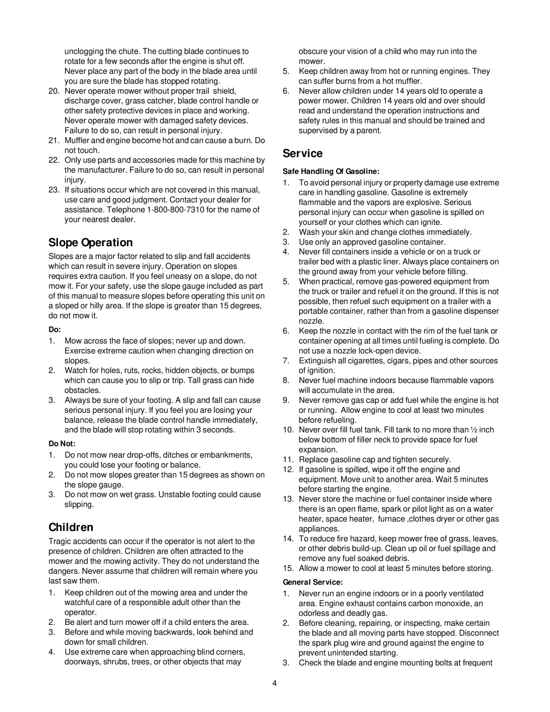Bolens Series 540 manual Slope Operation, Children, Service 