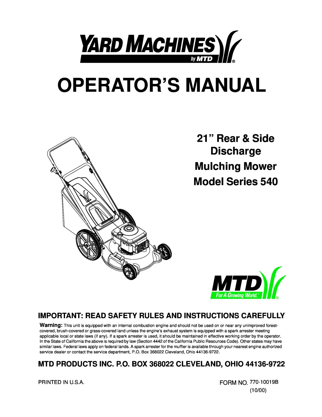 Bolens Series 540 manual Operator’S Manual, 21” Rear & Side Discharge Mulching Mower Model Series 