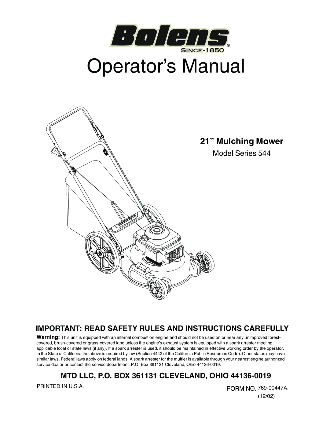 Bolens Series 544 manual Operator’s Manual 