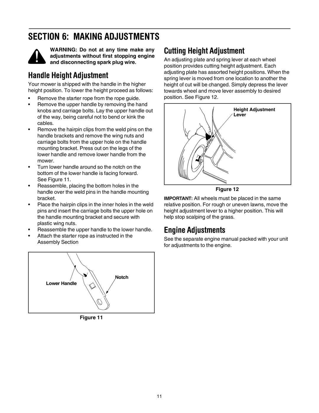 Bolens Series 544 manual Handle Height Adjustment, Cutting Height Adjustment, Engine Adjustments 