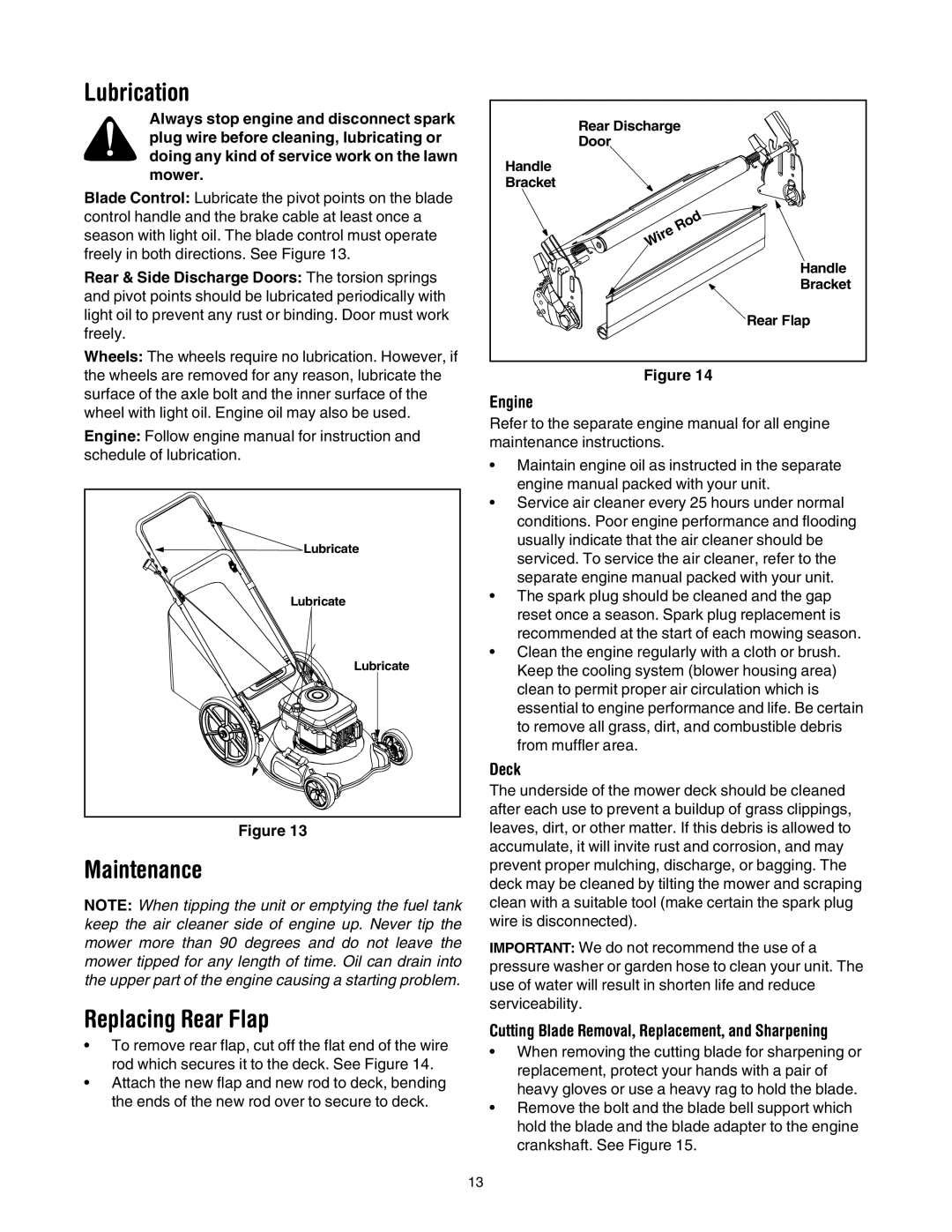 Bolens Series 544 manual Lubrication, Maintenance Replacing Rear Flap, Engine, Deck 