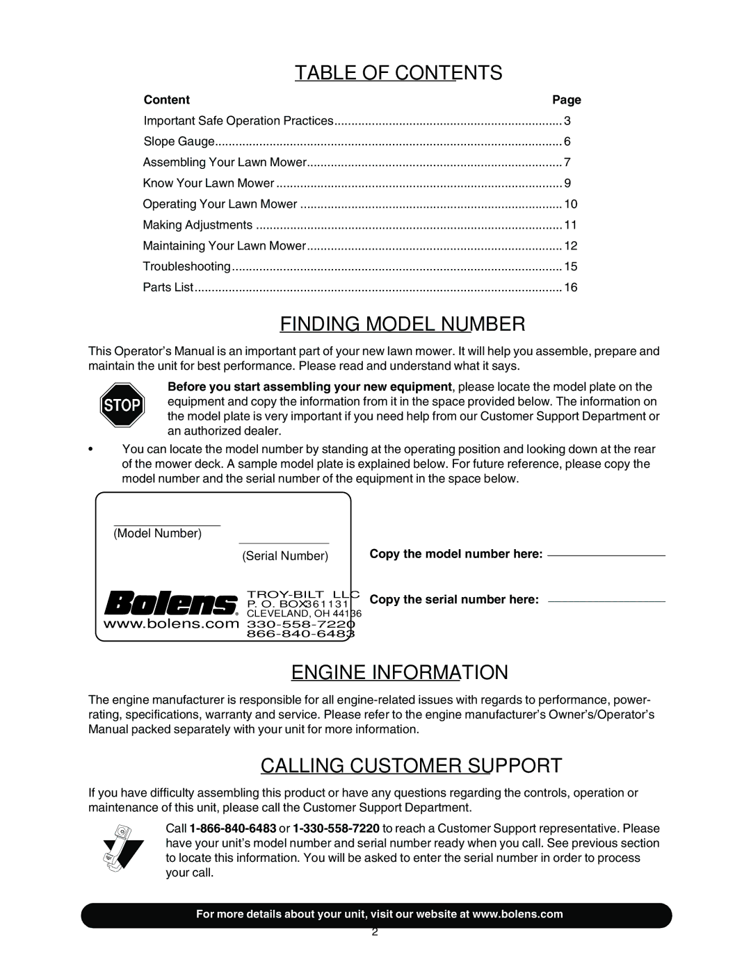 Bolens Series 544 manual Table of Contents 