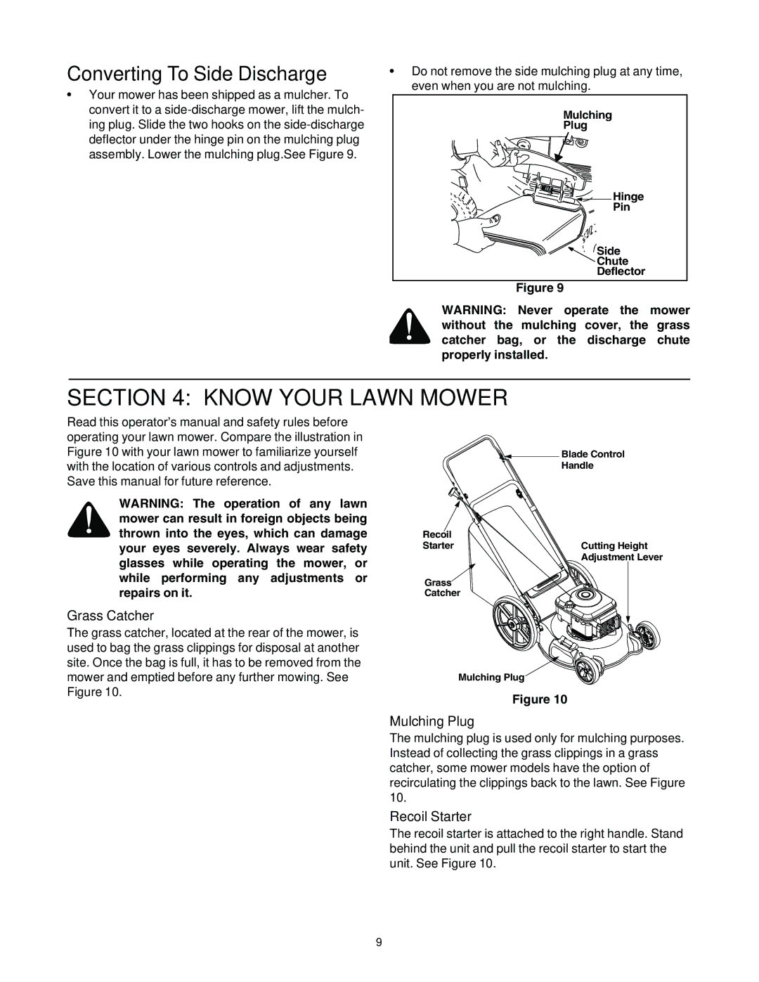 Bolens Series 544 manual Converting To Side Discharge, Grass Catcher, Mulching Plug, Recoil Starter 