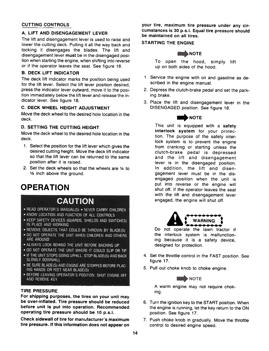 Bolens TMO-33921A, TMO-33920A manual A :~~;:~, Opera Tion, deck, Tire Pressure 