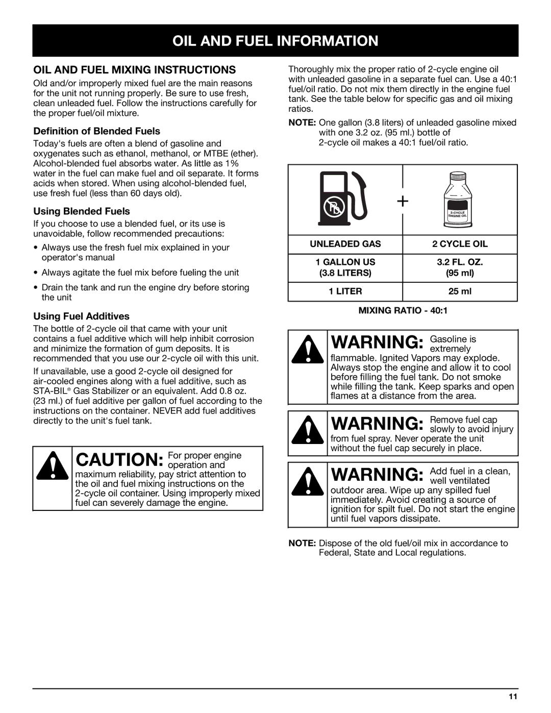 Bolens YM320BV manual OIL and Fuel Information, OIL and Fuel Mixing Instructions, Definition of Blended Fuels 