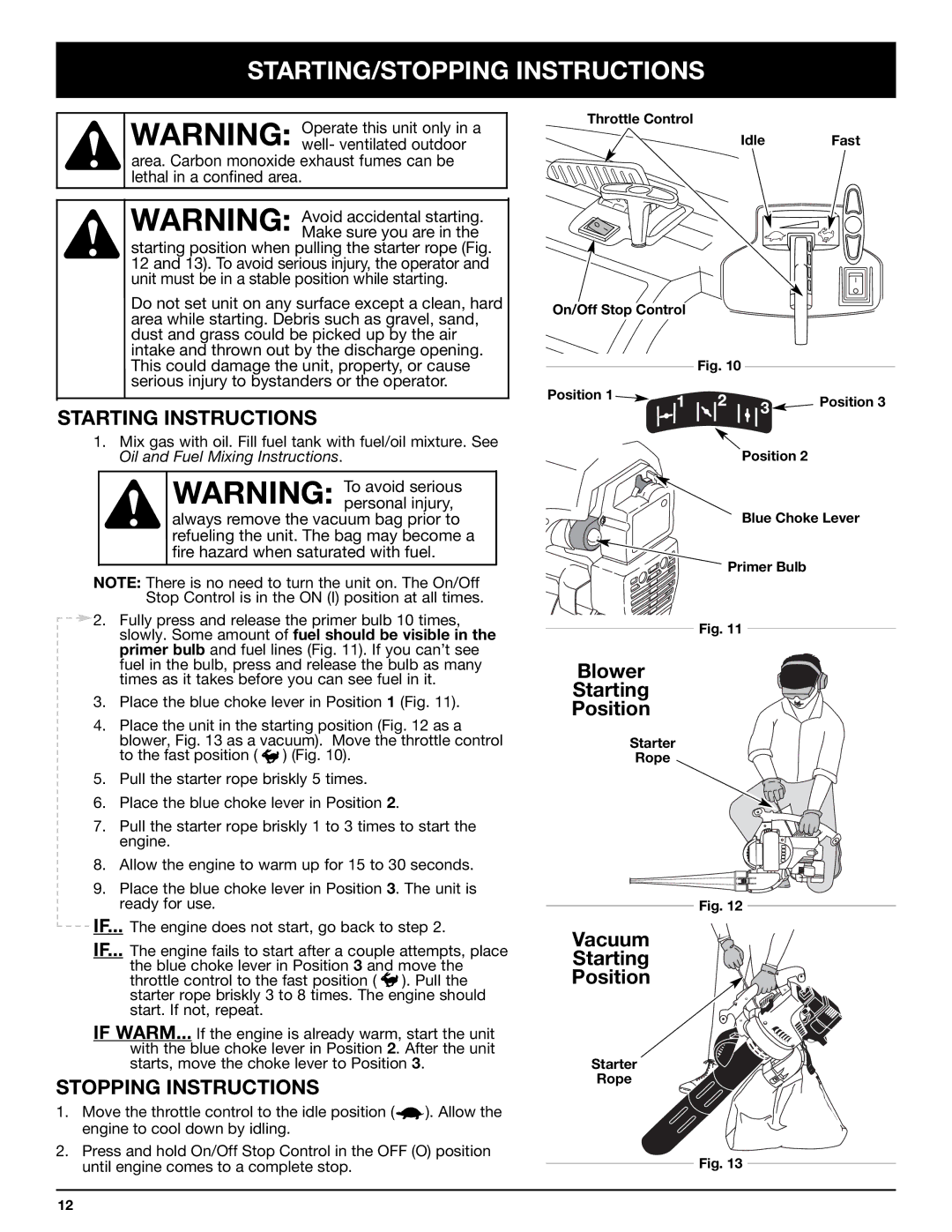 Bolens YM320BV manual STARTING/STOPPING Instructions, Starting Instructions 