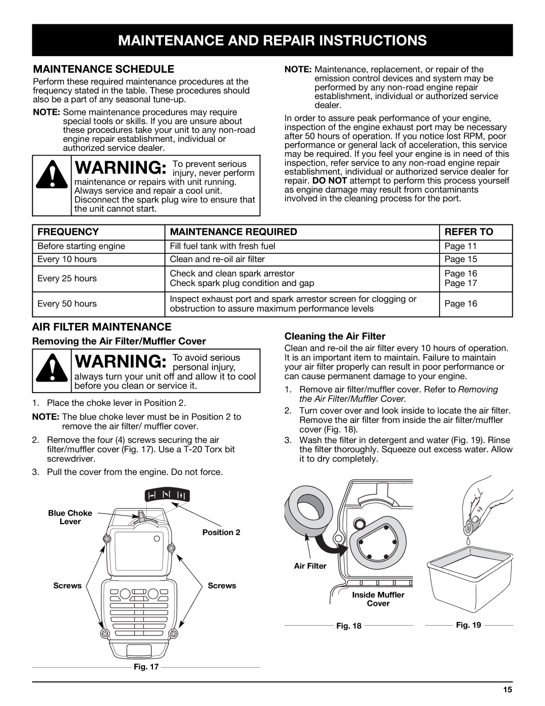 Bolens YM320BV manual Maintenance and Repair Instructions, Maintenance Schedule, AIR Filter Maintenance 