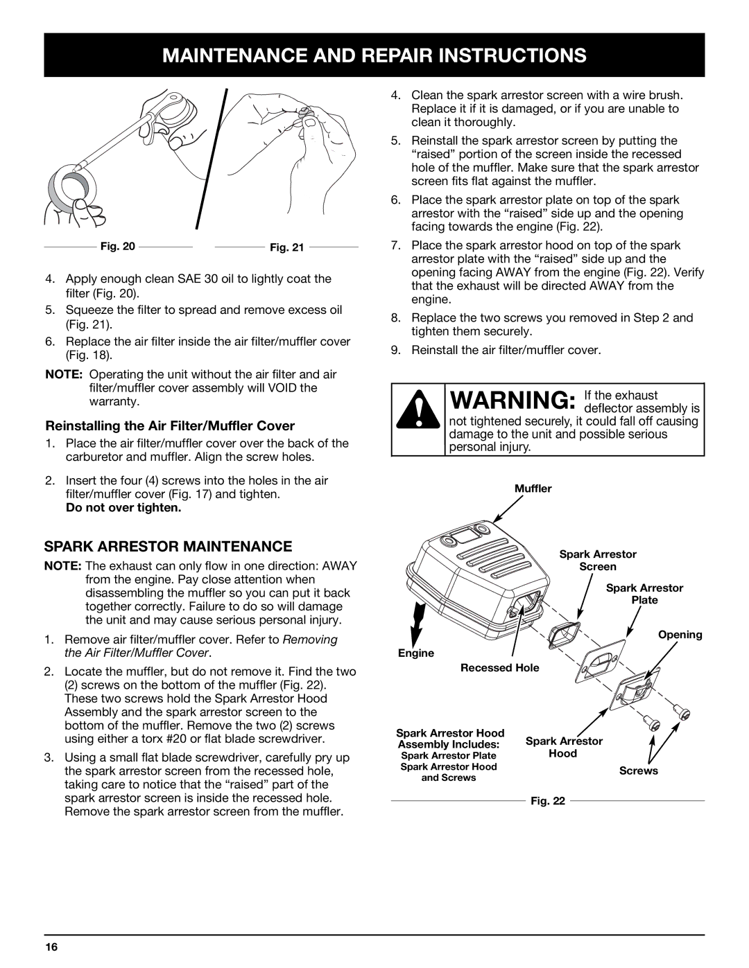 Bolens YM320BV manual Spark Arrestor Maintenance, Reinstalling the Air Filter/Muffler Cover 