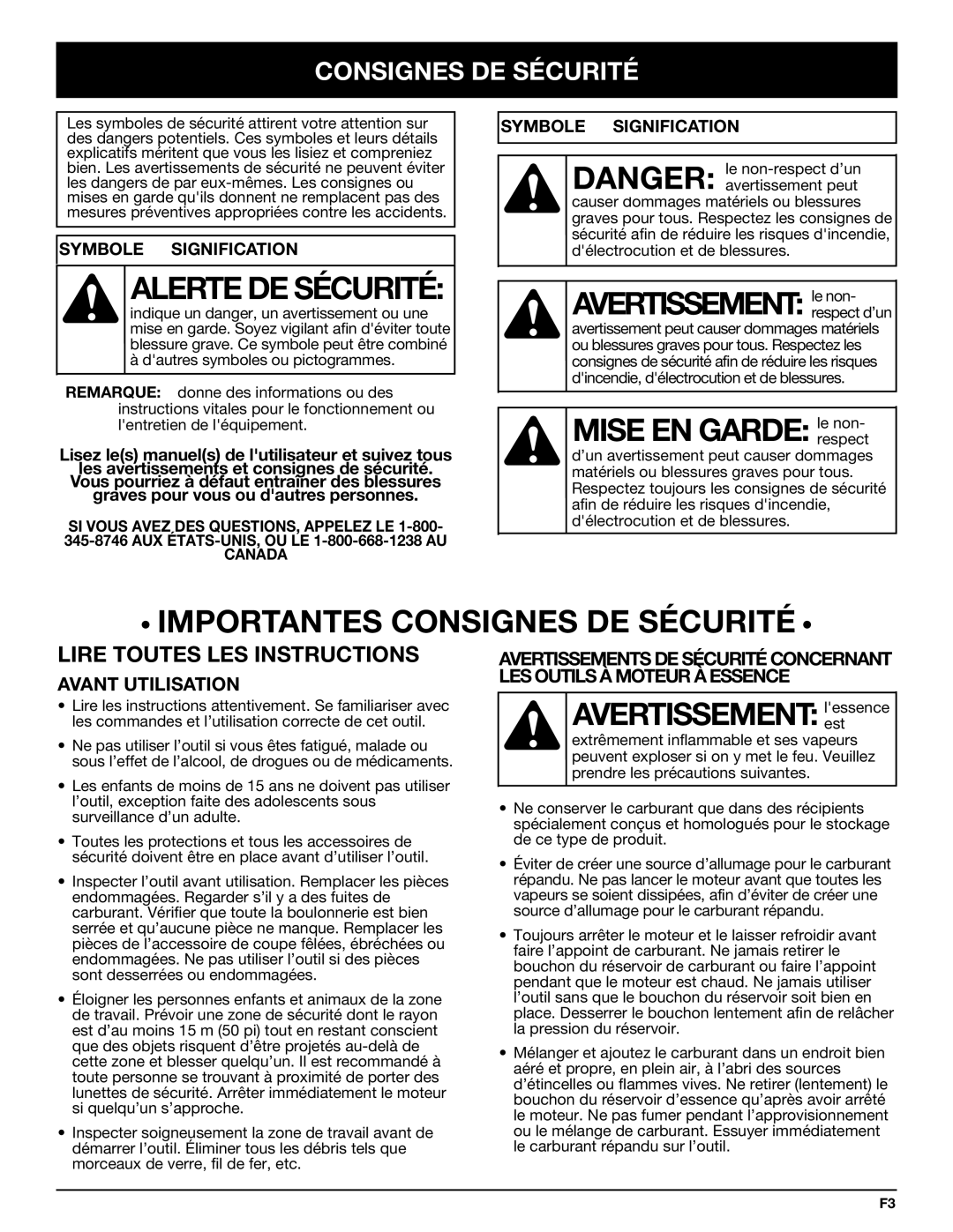 Bolens YM320BV manual Alerte DE Sécurité, Avertissement le non, Mise EN Garde le non, Importantes Consignes DE Sécurité 