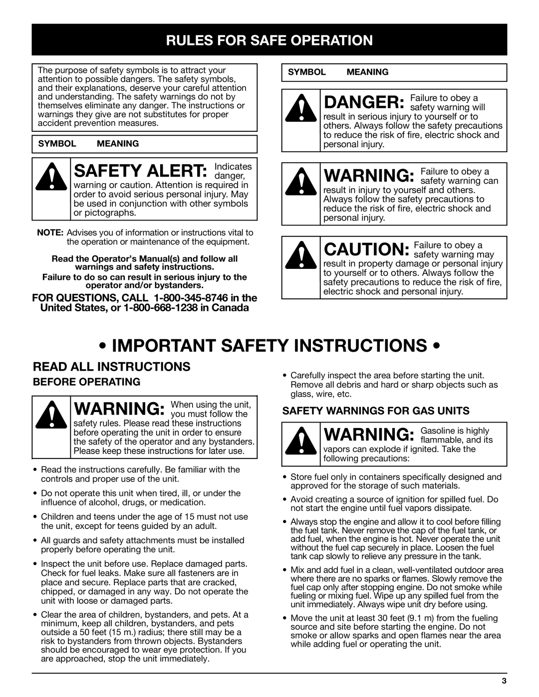 Bolens YM320BV Important Safety Instructions, Rules for Safe Operation, Before Operating, Safety Warnings for GAS Units 