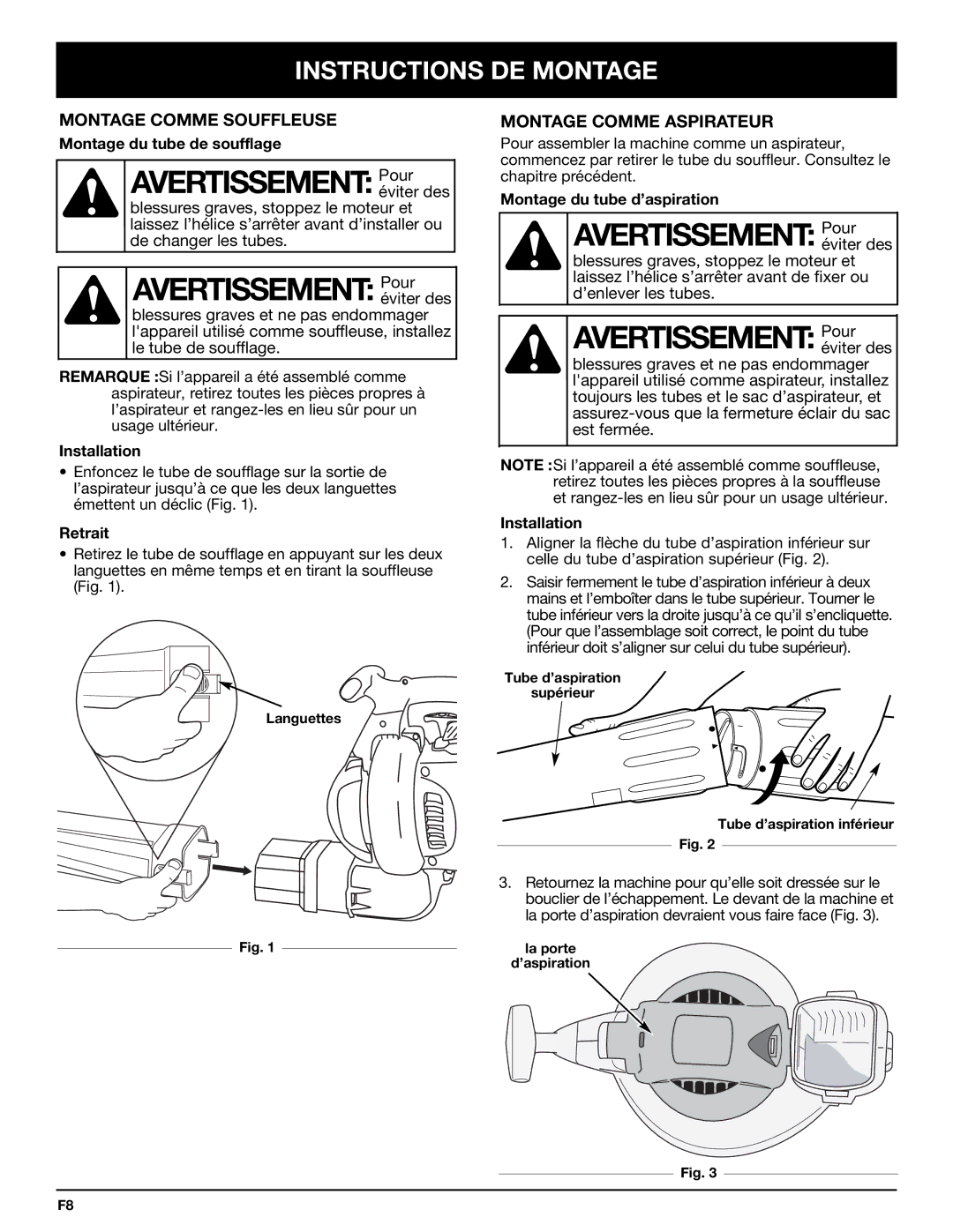 Bolens YM320BV manual Instructions DE Montage, Montage Comme Souffleuse, Montage Comme Aspirateur 