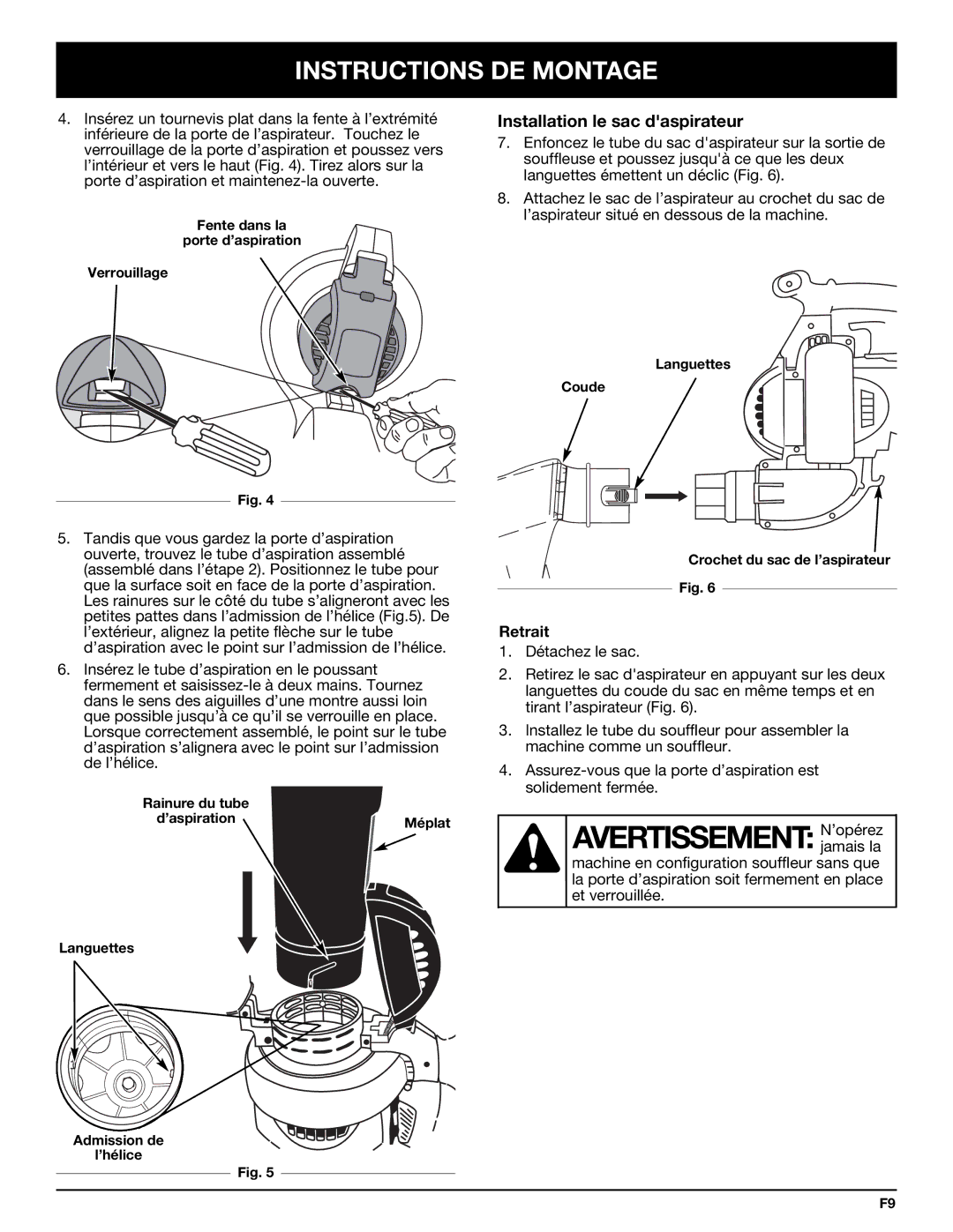 Bolens YM320BV manual Avertissement N’opérez, Installation le sac daspirateur 