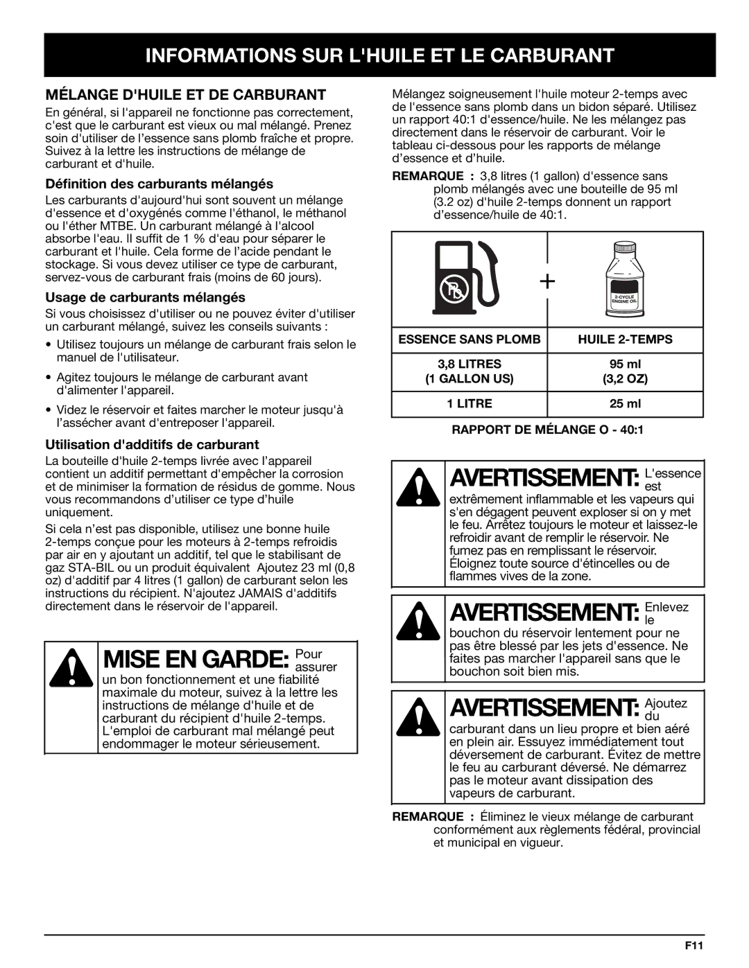 Bolens YM320BV Mise EN Garde Pourassurer, Avertissement Enlevezle, Avertissement Ajoutezdu, Mélange Dhuile ET DE Carburant 