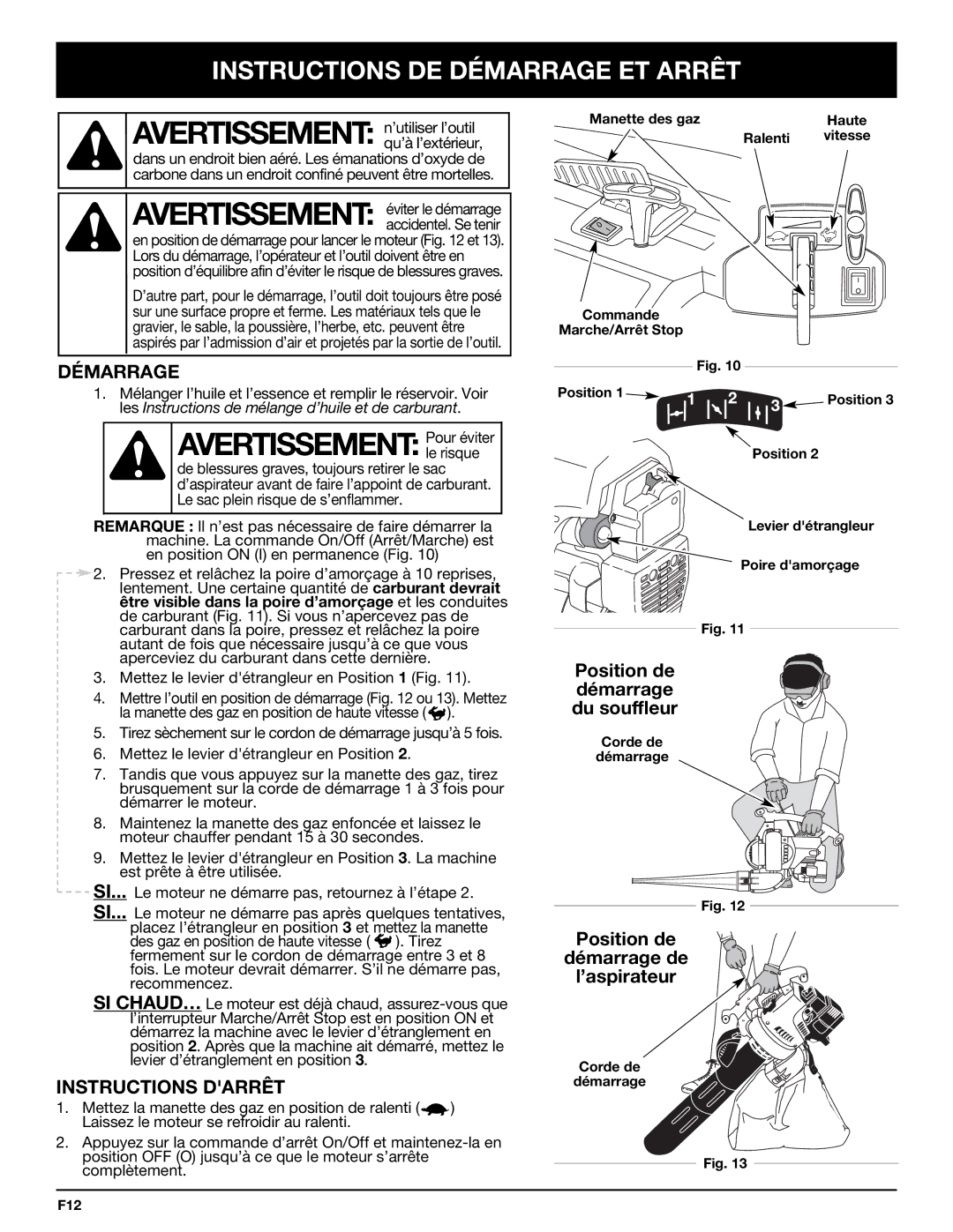 Bolens YM320BV manual Avertissement Pour éviter, Instructions DE Démarrage ET Arrêt, Instructions Darrêt 