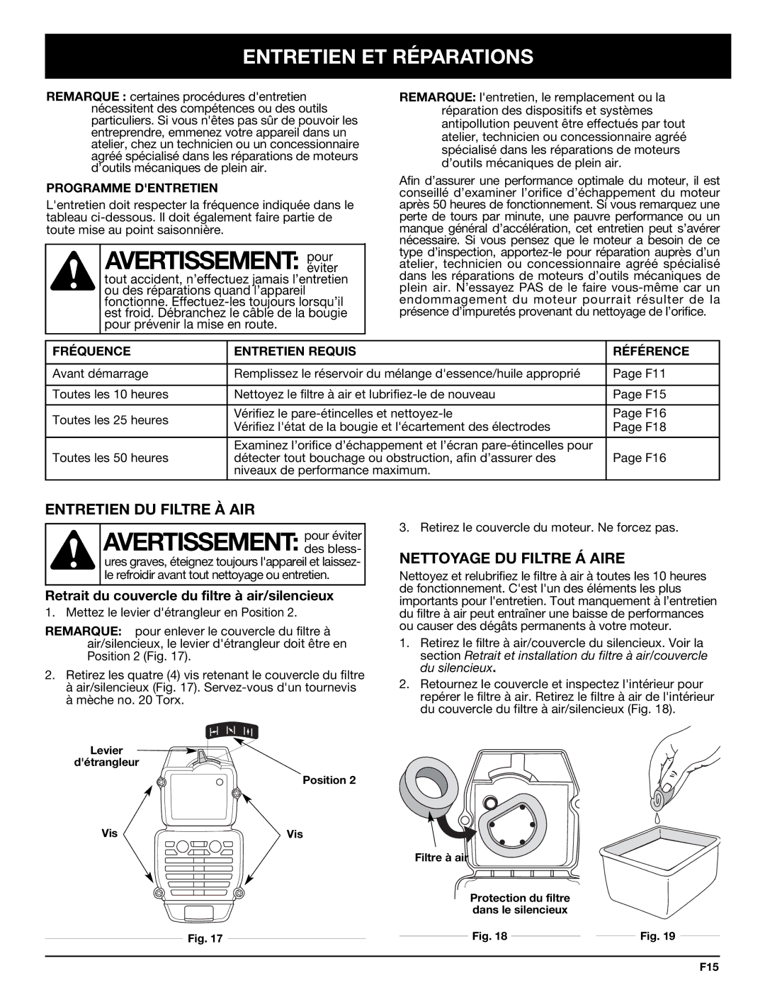 Bolens YM320BV Avertissement pouréviter, Entretien ET Réparations, Entretien DU Filtre À AIR, Nettoyage DU Filtre Á Aire 