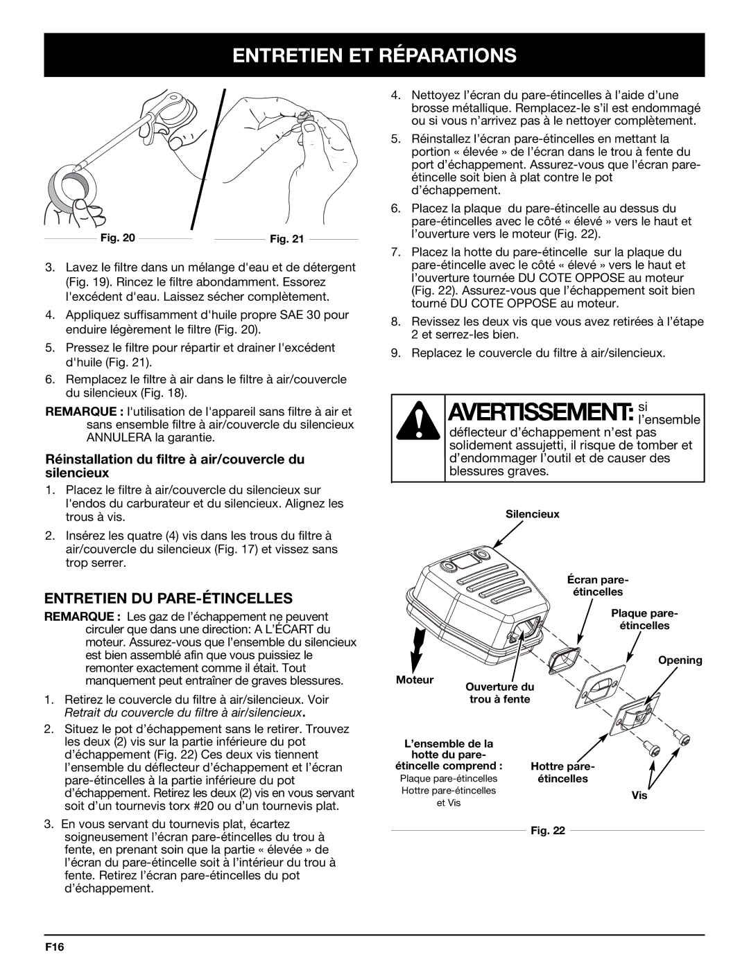 Bolens YM320BV manual Avertissement sil’ensemble, Entretien DU PARE-ÉTINCELLES 