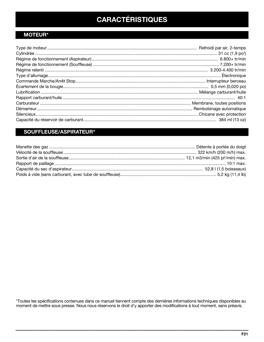 Bolens YM320BV manual Caractéristiques, Moteur, Souffleuse/Aspirateur 