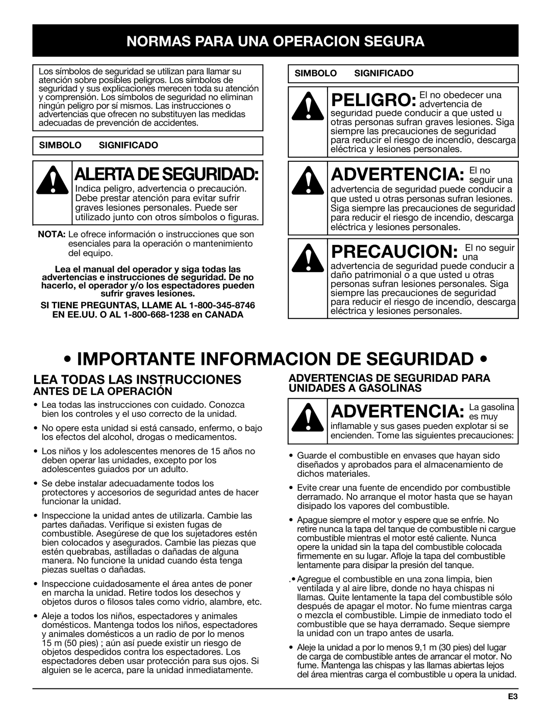 Bolens YM320BV manual Importante Informacion DE Seguridad, Advertencia Laes muygasolina, Normas Para UNA Operacion Segura 