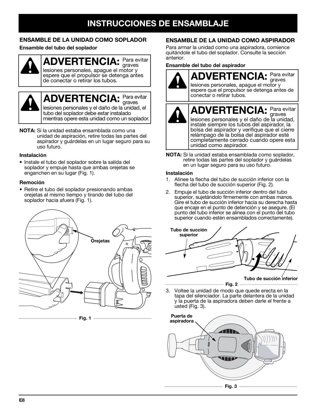 Bolens YM320BV manual Advertencia Para evitar, Instrucciones DE Ensamblaje, Ensamble DE LA Unidad Como Soplador 