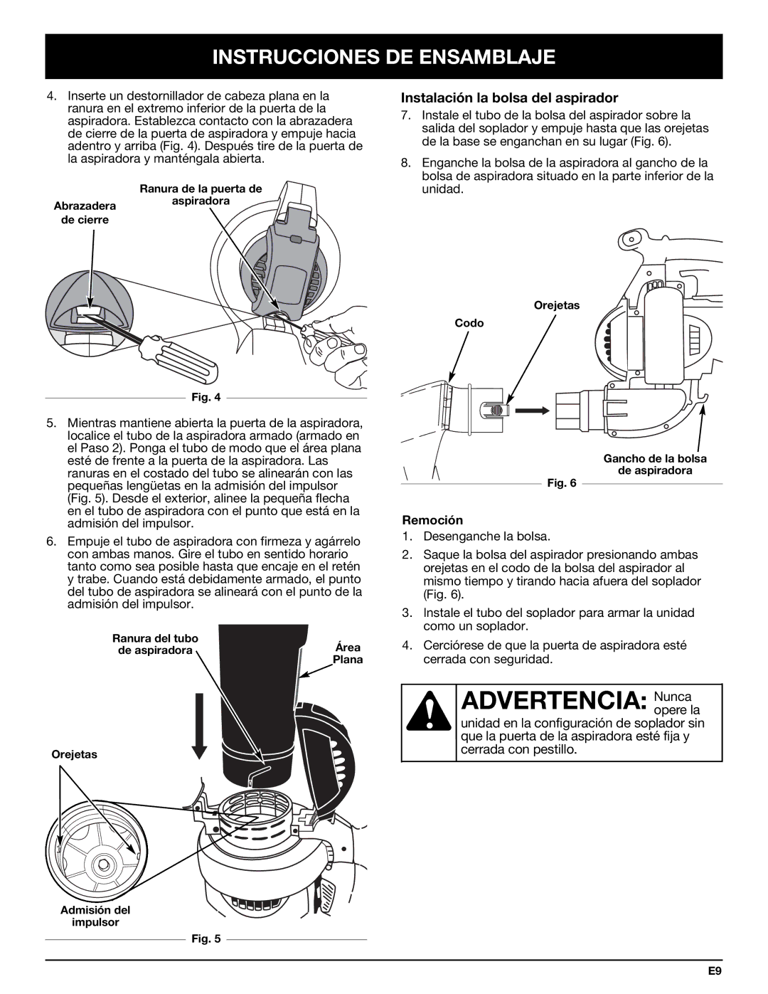 Bolens YM320BV manual Advertencia Nunca, Instalación la bolsa del aspirador 