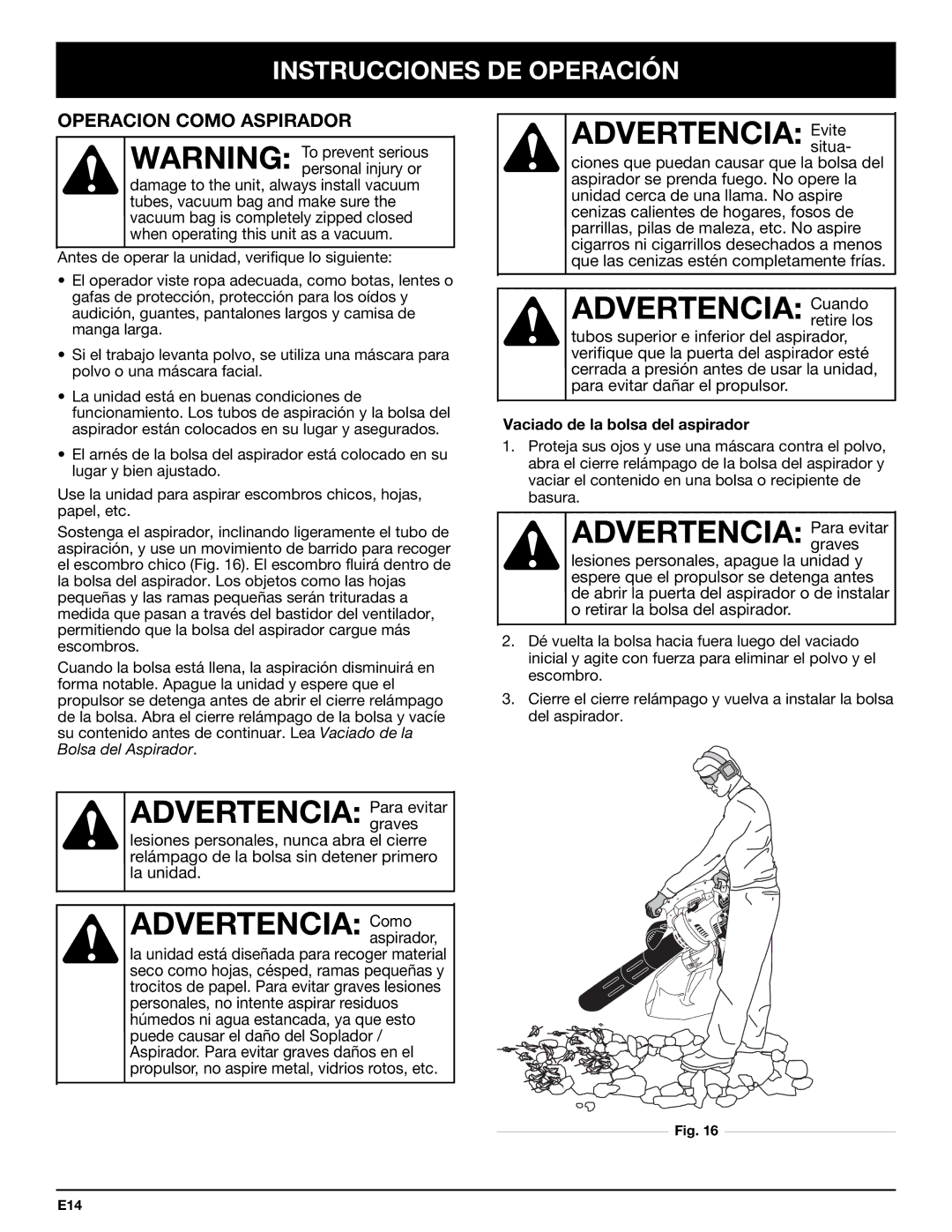 Bolens YM320BV manual Advertencia Evite, Advertencia Cuando, Operacion Como Aspirador 