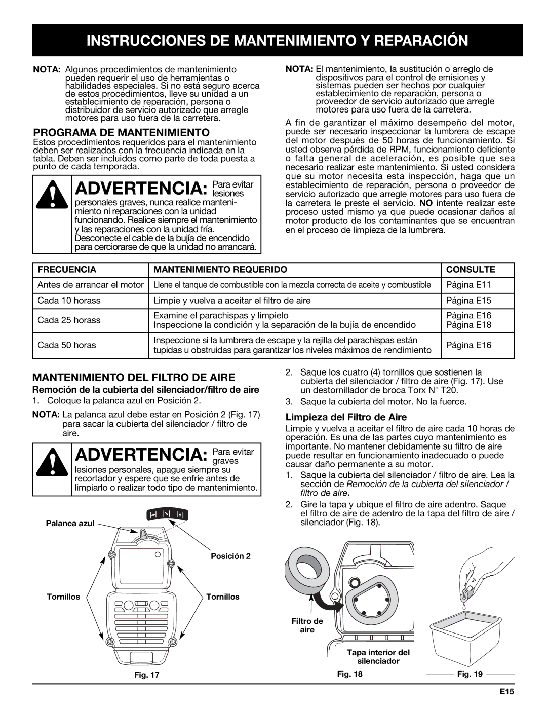 Bolens YM320BV Instrucciones DE Mantenimiento Y Reparación, Programa DE Mantenimiento, Mantenimiento DEL Filtro DE Aire 