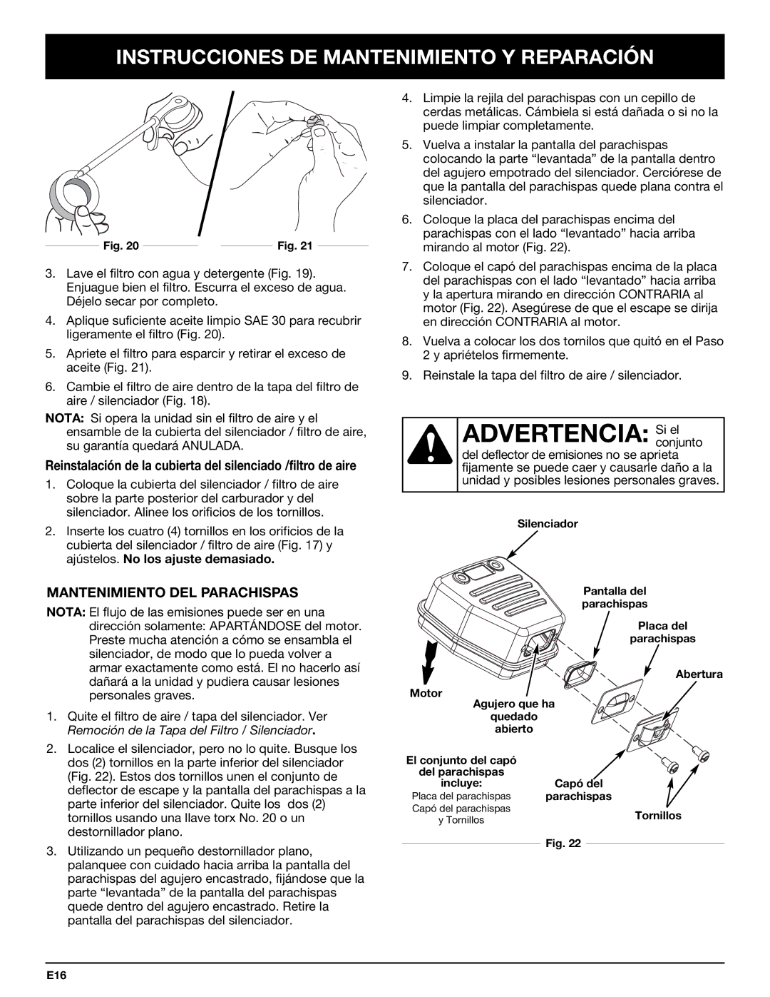 Bolens YM320BV manual Advertencia Siconjuntoel, Mantenimiento DEL Parachispas 