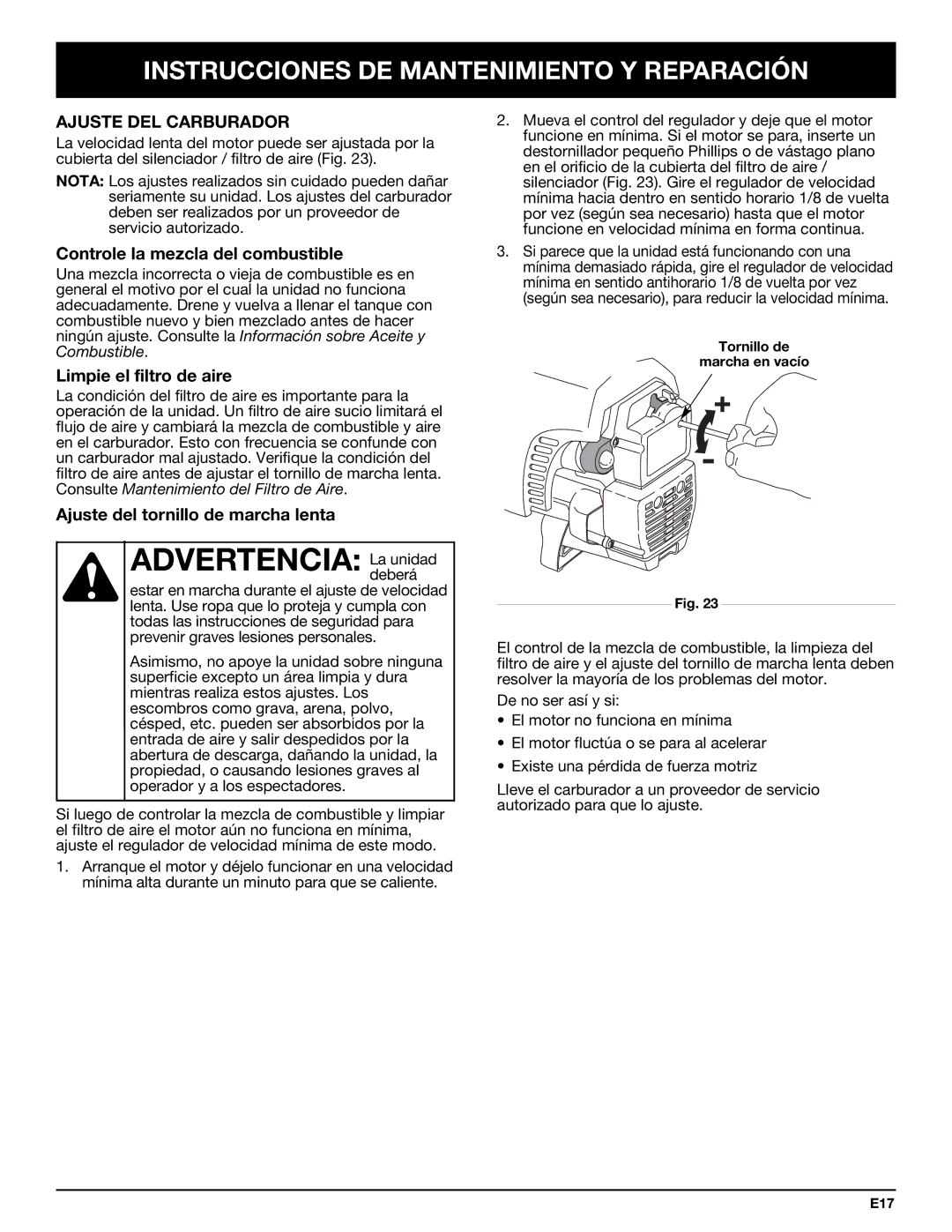 Bolens YM320BV manual Advertencia Ladeberáunidad, Ajuste DEL Carburador, Controle la mezcla del combustible 