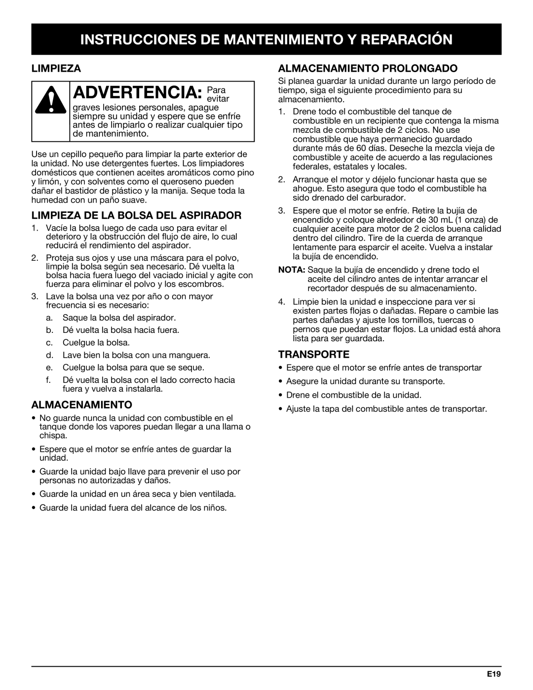 Bolens YM320BV manual Advertencia Paraevitar 