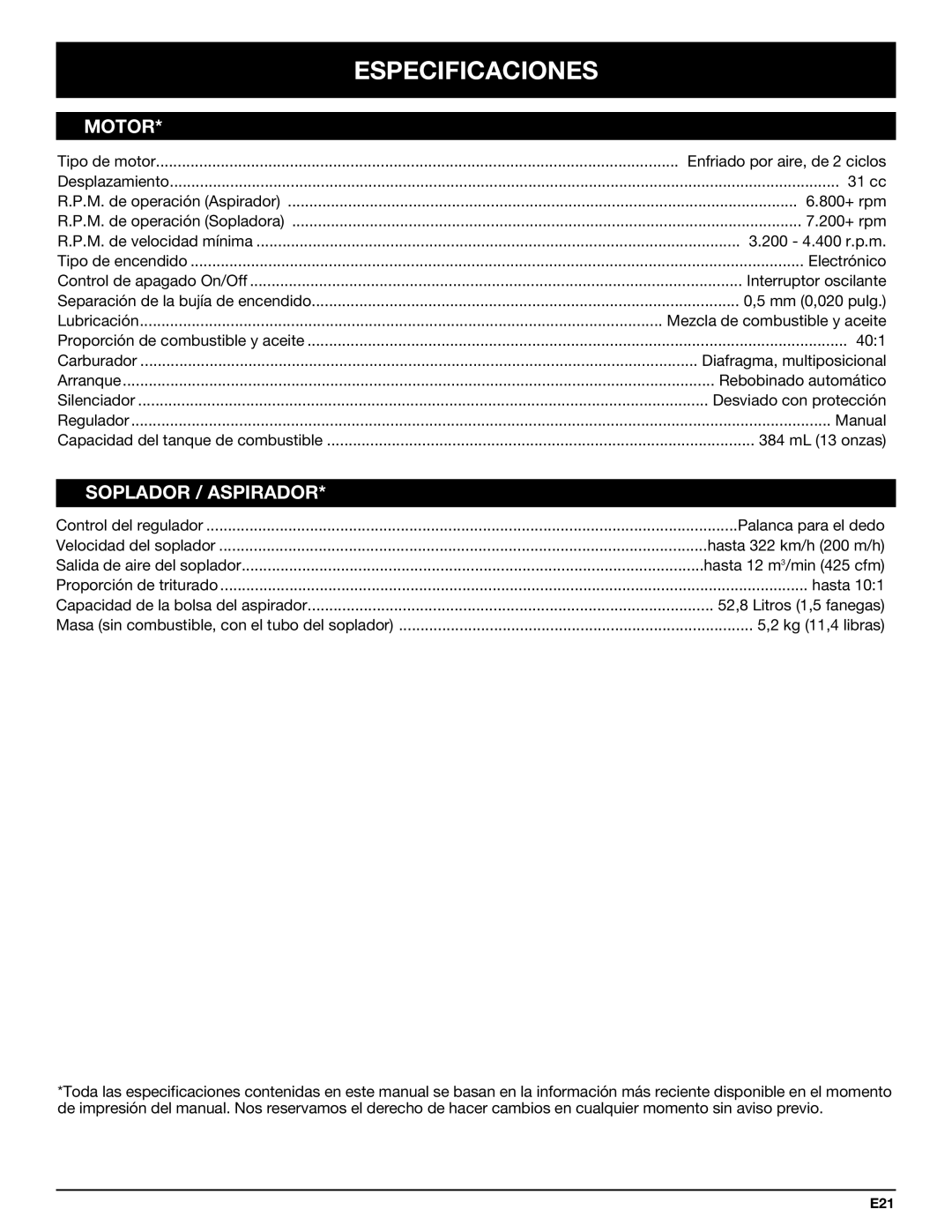 Bolens YM320BV manual Especificaciones, Motor, Soplador / Aspirador 