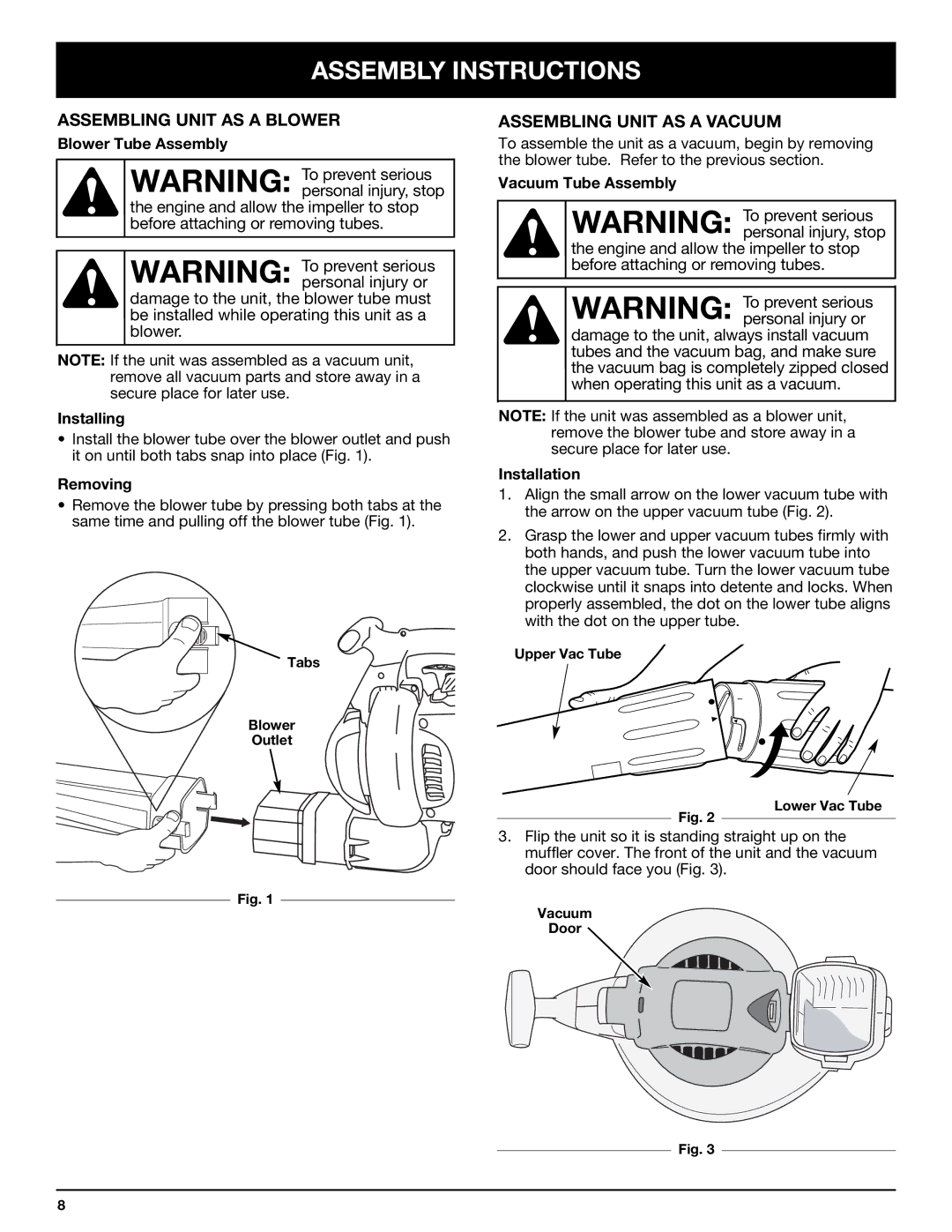 Bolens YM320BV manual Assembly Instructions, Assembling Unit AS a Blower, Assembling Unit AS a Vacuum 