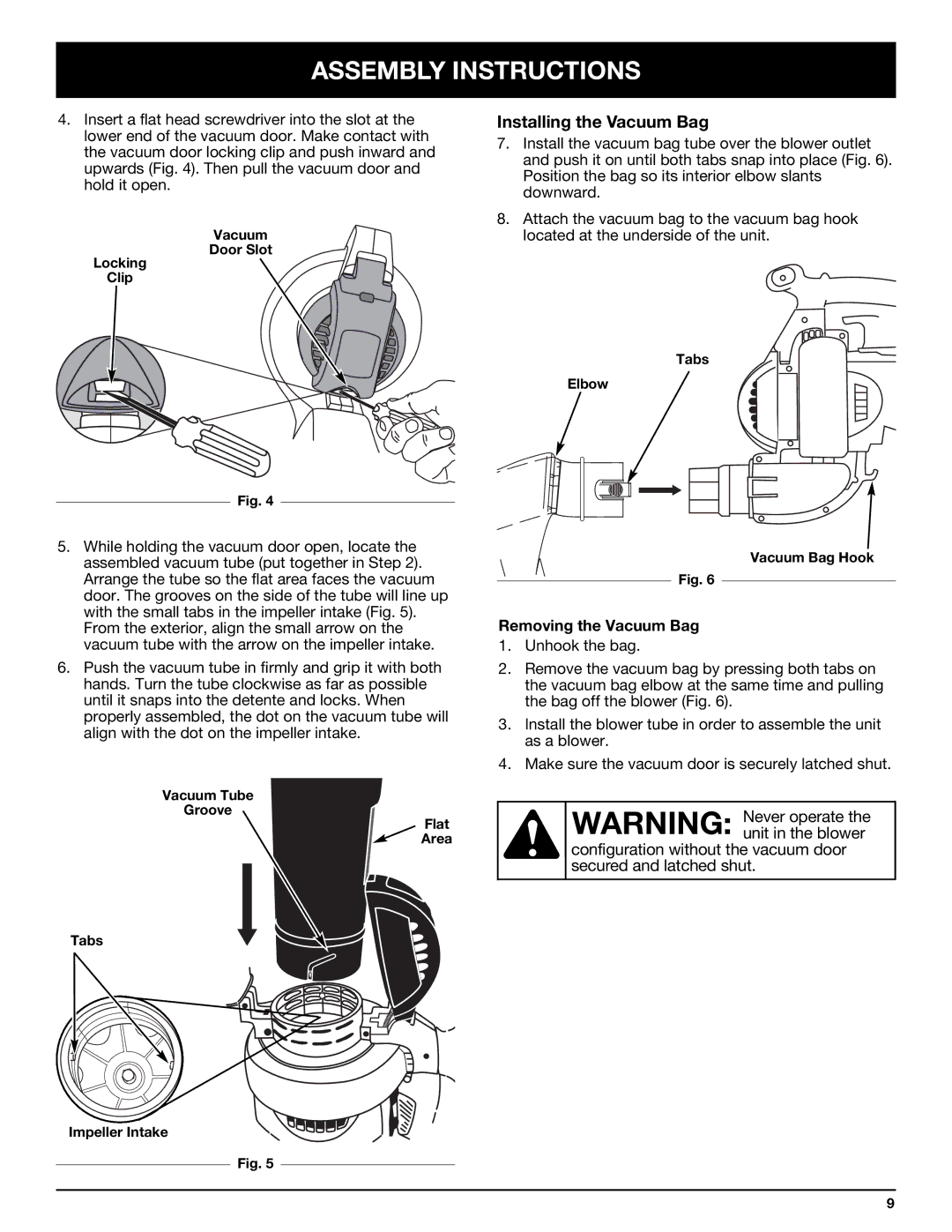 Bolens YM320BV manual Installing the Vacuum Bag, Removing the Vacuum Bag 