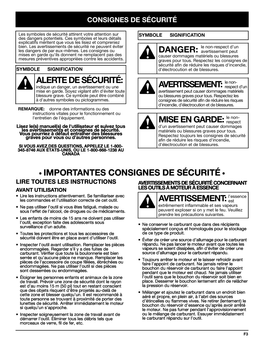 Bolens YM320BV manual Alerte De Sécurité, AVERTISSEMENT:le non, MISE EN GARDE:le non, • Importantes Consignes De Sécurité • 