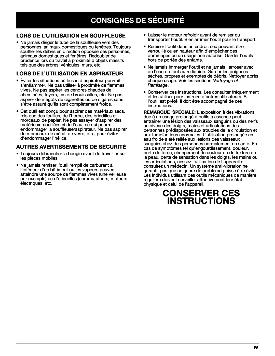 Bolens YM320BV manual Conserver Ces Instructions, Lors De L’Utilisation En Souffleuse, Lors De L’Utilisation En Aspirateur 