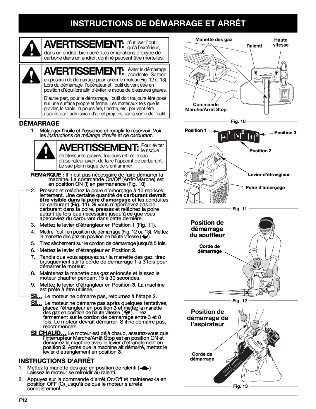 Bolens YM320BV manual AVERTISSEMENT:Pour éviter, Instructions De Démarrage Et Arrêt, Instructions Darrêt 