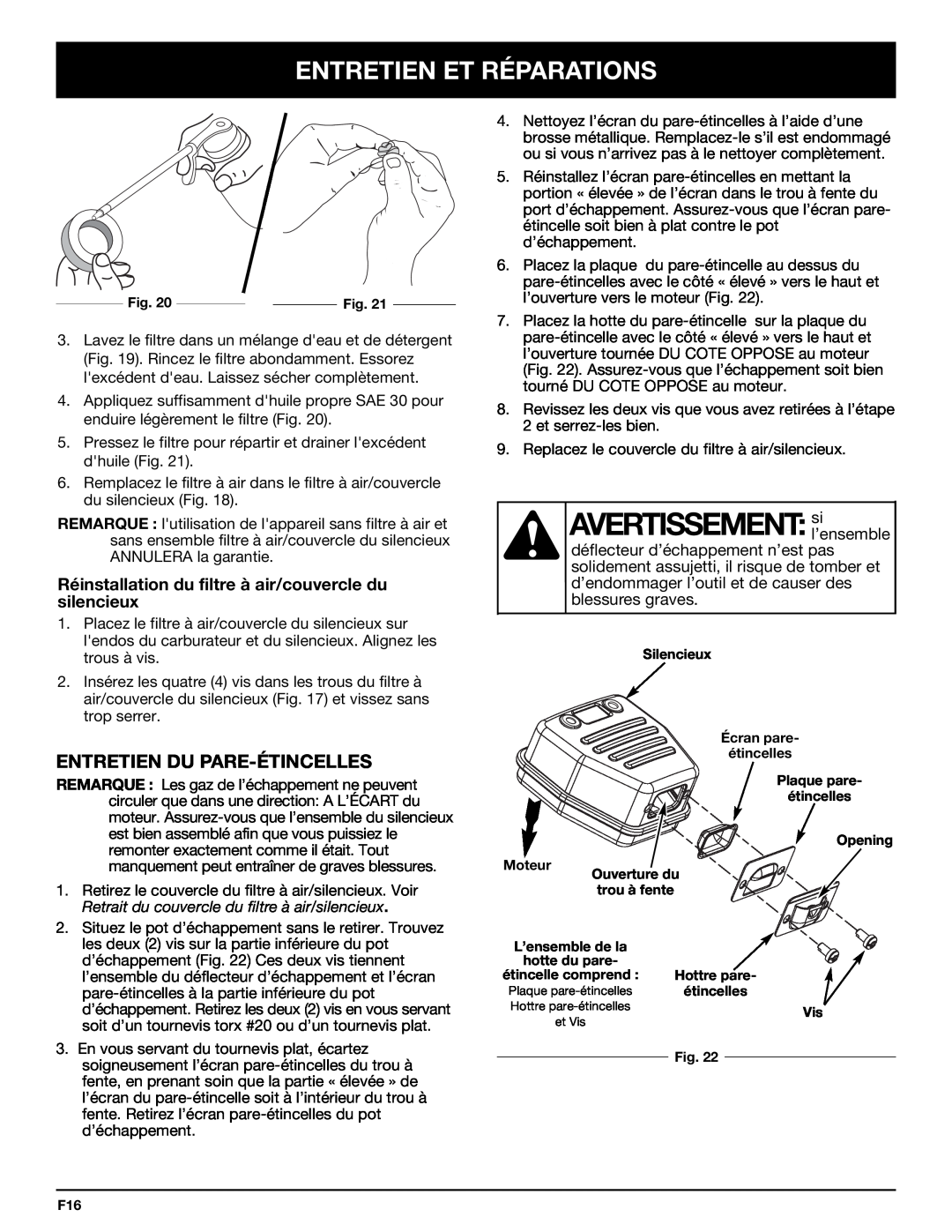 Bolens YM320BV manual AVERTISSEMENT:sil’ensemble, Entretien Du Pare-Étincelles, Entretien Et Réparations 