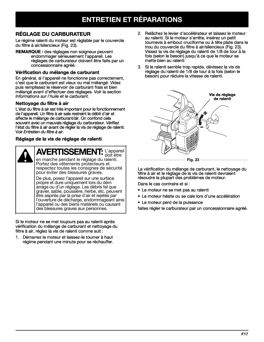 Bolens YM320BV manual AVERTISSEMENT:L’appareil, Réglage Du Carburateur, Vérification du mélange de carburant, doit être 