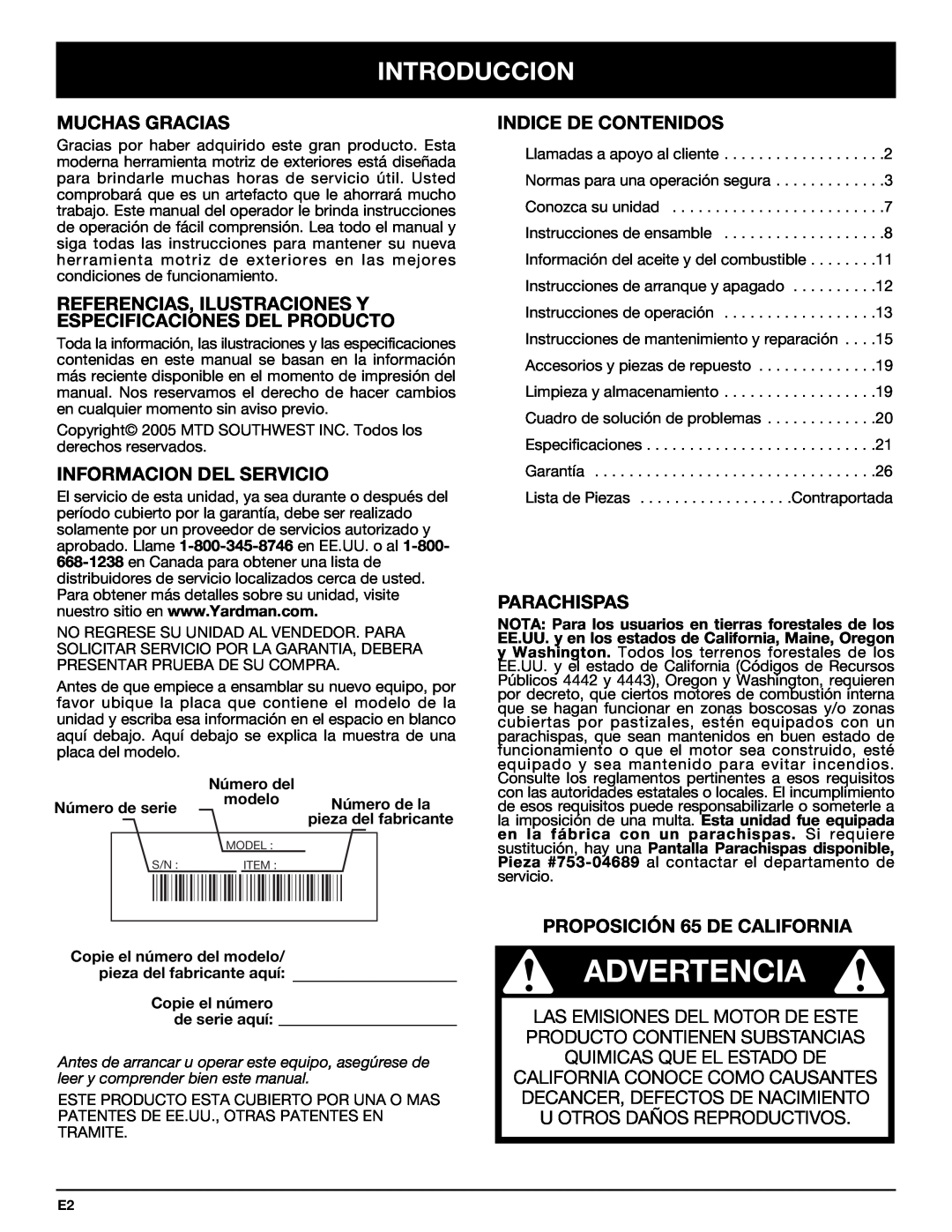 Bolens YM320BV Advertencia, Introduccion, Muchas Gracias, Informacion Del Servicio, Indice De Contenidos, Parachispas 