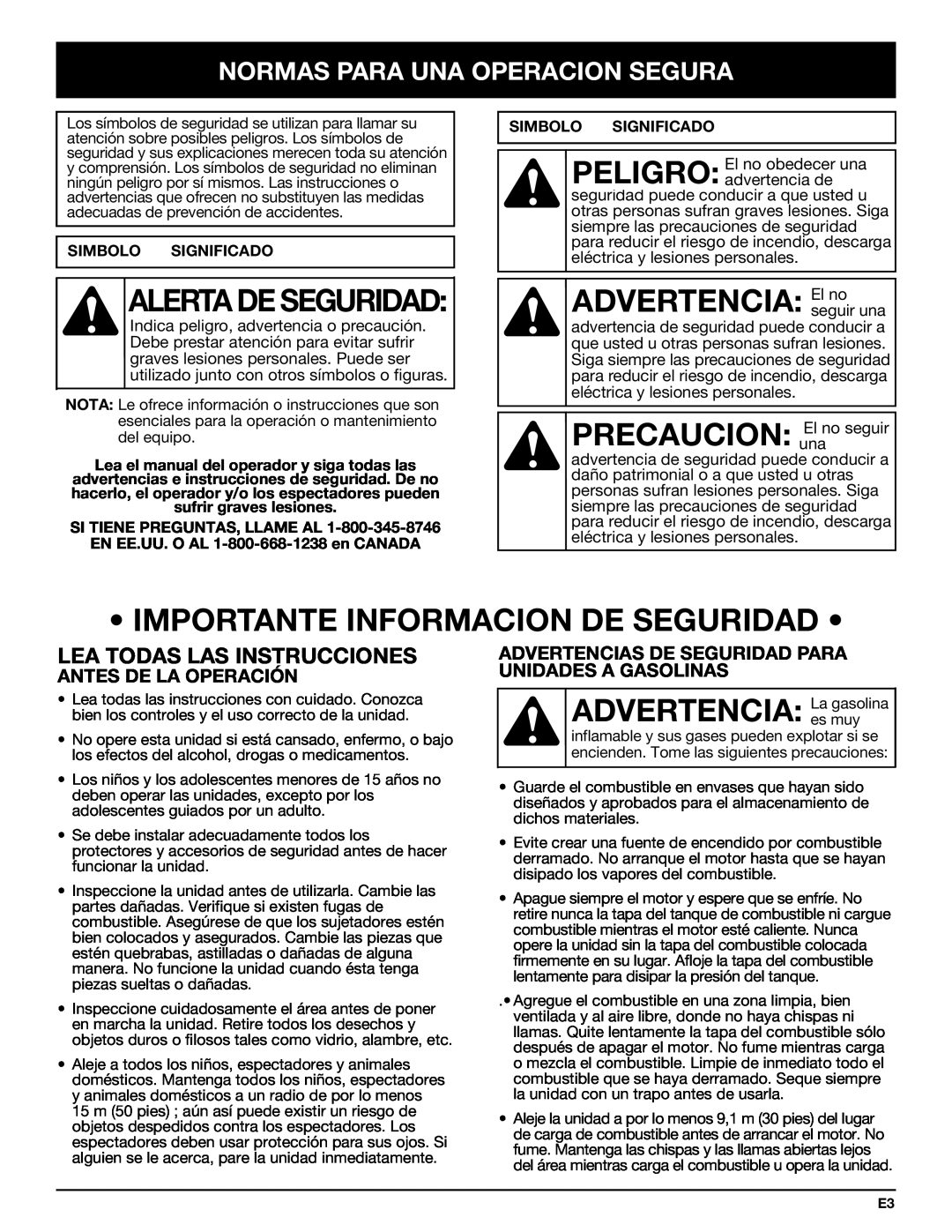 Bolens YM320BV manual • Importante Informacion De Seguridad •, ADVERTENCIA:Laes muygasolina, Alerta De Seguridad 