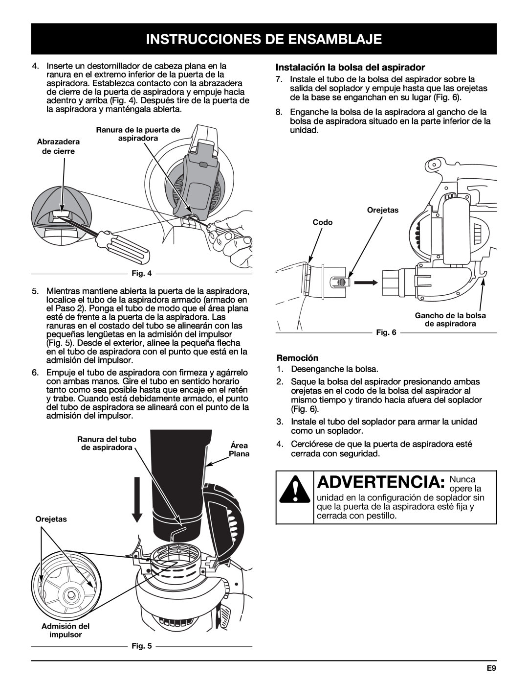 Bolens YM320BV manual ADVERTENCIA:Nunca, Instalación la bolsa del aspirador, Instrucciones De Ensamblaje, Remoción 